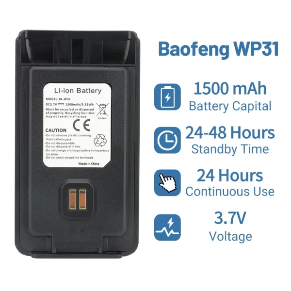 BAOFENG WP31 DC 3.7V 1500mAh Li-ion Battery Type-C High Power Charging For WP31 Walkie Talkie Ham Two Way Radio - Image 2