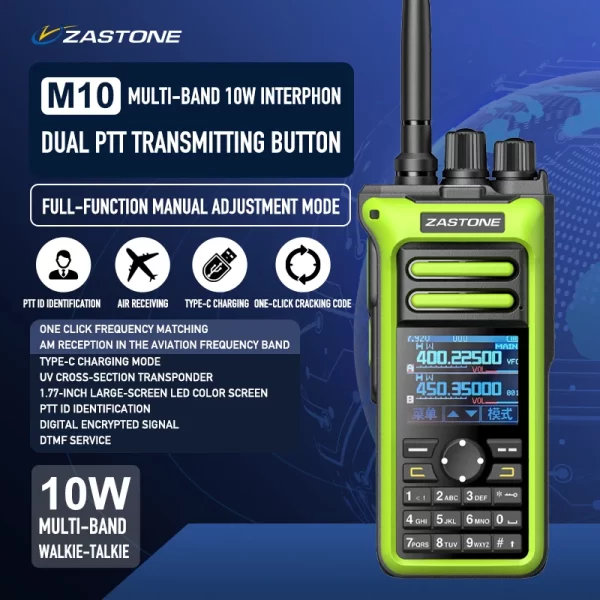 ZASTONE M10 Dual PTT AM Air Aviation Band Multi-Bands 10W Ham Amateur 2 Way Radio